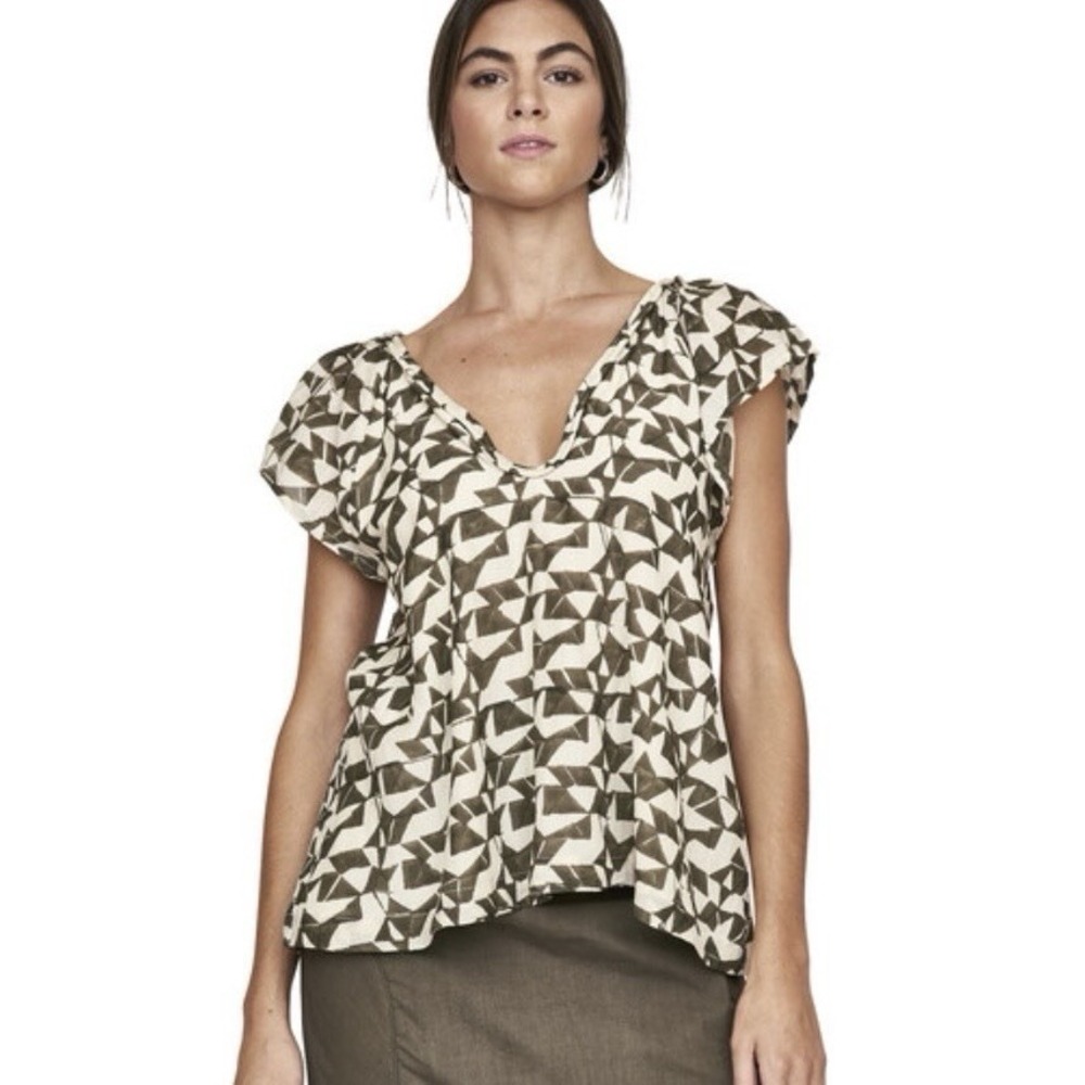Mirth Komodo Blouse Small V Neck Flutter Sleeve Silk Blend Seaglass In Branch